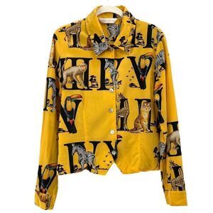 Vintage Peter Martin 100% silk alphabet animal zoo print button up shirt top Siz